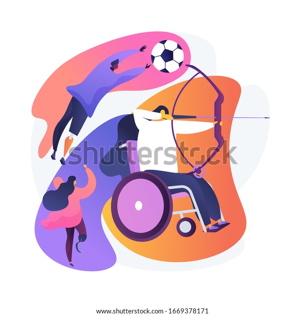People with\
disabilities doing sports, taking part in competitions. Archery,\
running, football. Disabled sports, adaptive, parasports. Vector\
isolated concept metaphor\
illustration