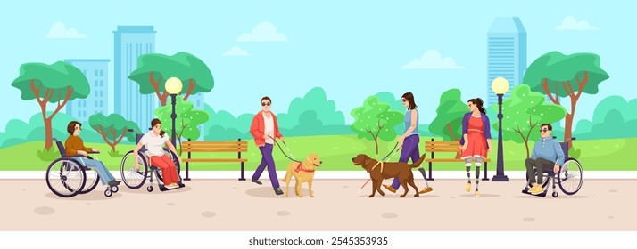 People with disabilities enjoying park activities together. Vector illustration