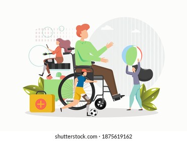 People with disabilities, flat vector illustration. Male and female characters keeping active life using wheelchair, artificial legs and arms. Disabled people lifestyles.