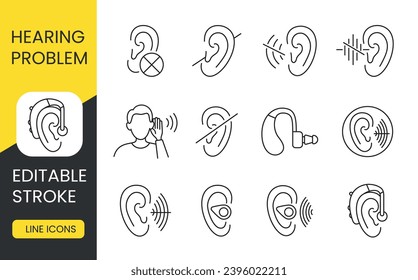 Las personas con discapacidad tienen problemas de audición, los iconos de línea establecen un infarto vectorial editable, pérdida de audición y sordera, sordera y silencio sordo, discapacidad auditiva.