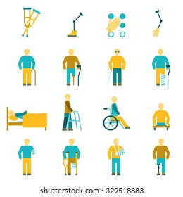 People with disabilities icons set including amputation wheelchair and eyesight problems symbols flat isolated vector illustration 