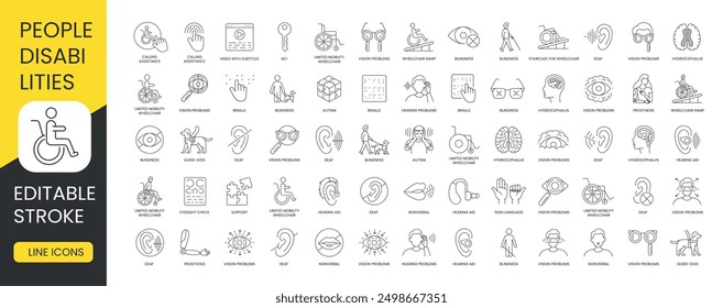 People with disabilities, inclusivity line icon set vector with editable stroke, autism and blindness, braille and calling assistance, deaf and disabilities, eyesight check, guide dog and hearing aid