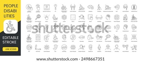 People with disabilities, inclusivity line icon set vector with editable stroke, autism and blindness, braille and calling assistance, deaf and disabilities, eyesight check, guide dog and hearing aid