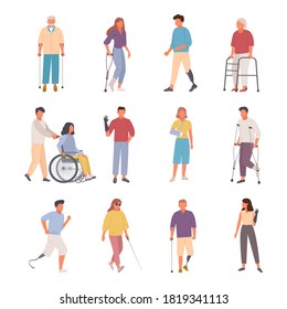 People with disabilities injuries set. Female character modern prosthetic arm nurse driving girl in wheelchair male characters running with leg prostheses blind woman walking. Cartoon vector support.