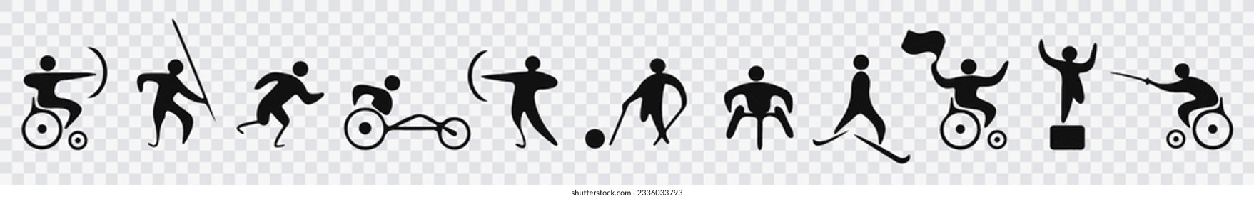 Personas con discapacidad involucradas en deportes. Las personas discapacitadas van a los deportes. Icono vectorial de personas limitadas haciendo juegos deportivos diferentes.