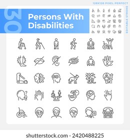 People with disabilities linear icons set. Intellectual disability, neurology illness. Genetic disorder. Customizable thin line symbols. Isolated vector outline illustrations. Editable stroke