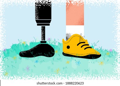 People with disabilities living active life concept. Disabled young man with prosthetic leg walking outdoors on grass, low angle view vector illustration  svg