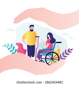 People with disabilities. Male character without leg with crutch. Cute woman sits in wheelchair. Concept of disabled care and handicapped protect. Banner in trendy style. Flat vector illustration