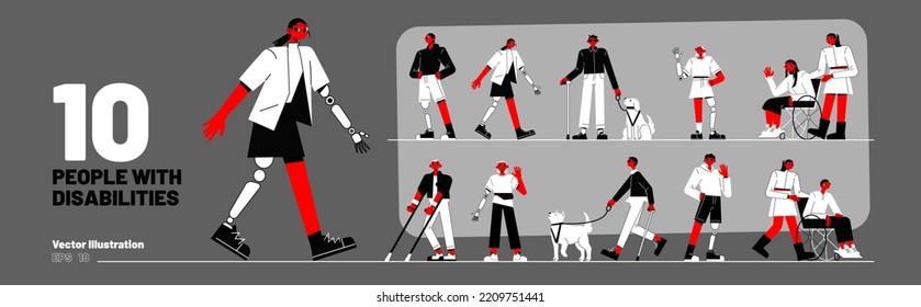 People with disabilities, men and women prosthesis, blind persons with guide dogs, characters in wheelchairs, with stick and crutches, vector black, red and white flat illustration