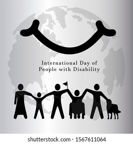 People with disabilities and normal people shake hands. There is a peace smile and globe background