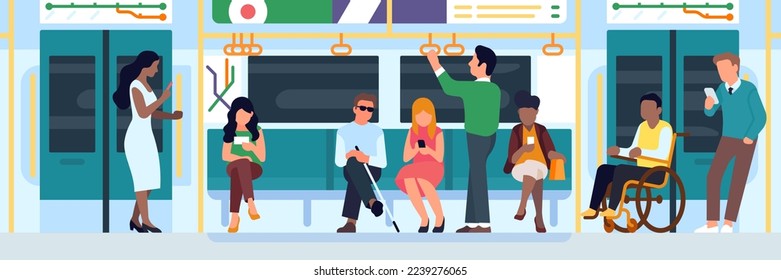 Personas con discapacidad en el tren subterráneo. Transporte subterráneo. Personas paralizadas y ciegas en el metro. Inclusión en el transporte. Igual accesibilidad. Transporte para discapacitados