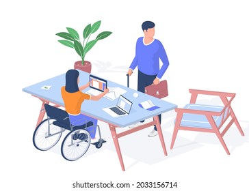 People with disabilities receive education. Woman in wheelchair with tablet studying lesson. Man with briefcase leaning cane stands near table. Distance learning online. Vector realistic isometry