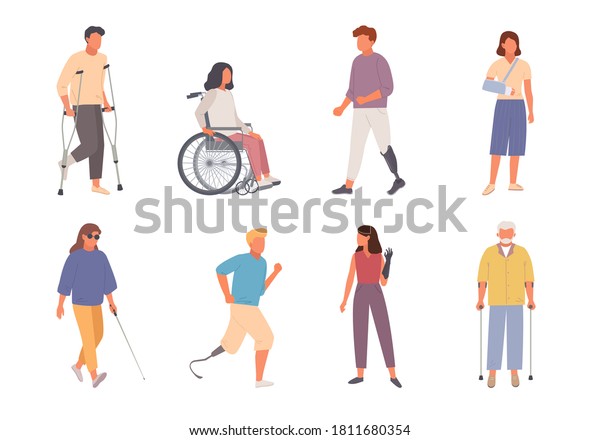 People with disabilities set. Man on crutches with injured leg girl