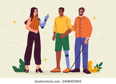 Personas con discapacidad. Hombre y mujer con prótesis, hombre con gafas de sol con palos. Atención médica y medicina, tratamiento. Colección vectorial plana de dibujos animados aislada en fondo beige