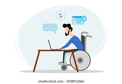 People with disabilities sitting on Wheelchair using their laptop to work on programmers via the Internet. Potential of people with disabilities and occupational equality. Flat design vector