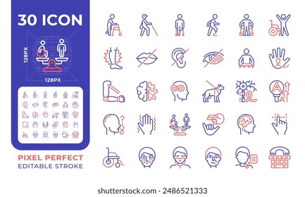 People with disabilities two color line icons set. Intellectual disability, neurology illness. Genetic disorder. bicolor outline iconset isolated. Duotone pictograms thin linear. Editable stroke