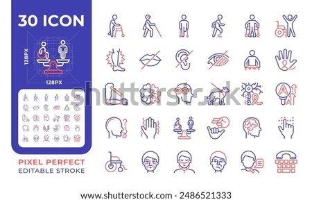 People with disabilities two color line icons set. Intellectual disability, neurology illness. Genetic disorder. bicolor outline iconset isolated. Duotone pictograms thin linear. Editable stroke