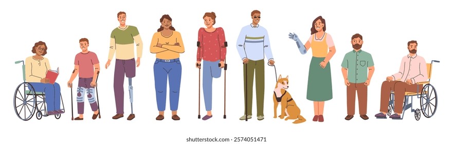 People with disabilities. Vector group of inclusive personages in wheelchairs and with prosthetic arms and legs, with fractures and amputated limbs, blind male with guide dog and person with dwarfism