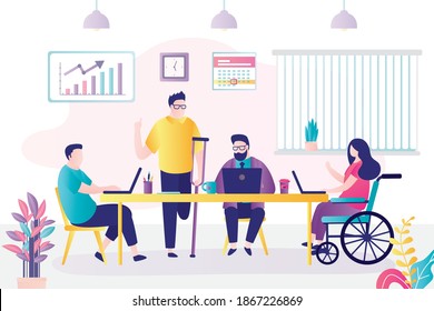 People with disabilities work in company. Сolleagues met to discussion and brainstorming. Group of businessmen and businesswomen works together. Disabled girl sits in wheelchair. Vector illustration