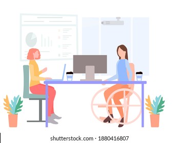 People with disabilities work in the firm, vector graphics