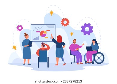 People with disabilities working in team vector illustration. Diverse coworkers analyzing charts, communicating, using laptops and smartphones. Diversity, teamwork, inclusion, business concept