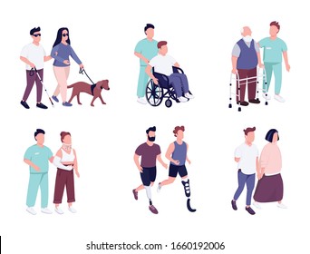 People with disability activities flat color vector faceless characters set. Elderly man on wheelchair. Guy with missing limb running. isolated cartoon illustrations on white background