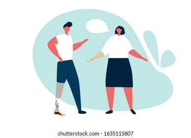 People with disability communicate. Leg and arm amputee. Inclusion concept. Vector illustration in flat style.