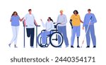 People with disability concept. Collection of persons using wheelchair, with amputated arms and legs, burns, and other chronic health condition and injury. Vector illustration 
