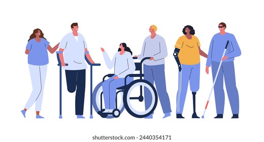 People with disability concept. Collection of persons using wheelchair, with amputated arms and legs, burns, and other chronic health condition and injury. Vector illustration 