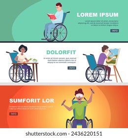 Personas con discapacidad en carteles. Diferentes actividades de personajes con discapacidad en silla de ruedas. Leer jugando y dibujando
