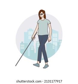 People with a disability. 
Person with visually impaired. Hand draw style. Vector illustration.