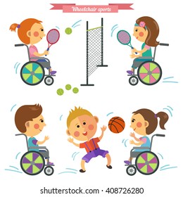 People with disability playing tennis and basketball. Vector set in flat style. Girl, boy, wheelchair, tennis racquet, balls.