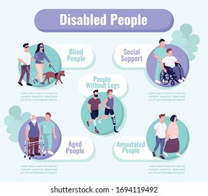 People with disability support flat color vector informational infographic template. Poster, booklet, PPT page concept design with cartoon characters. Advertising flyer, leaflet, info banner idea