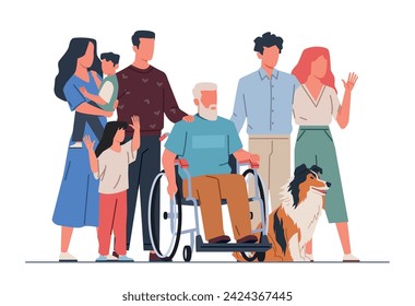 People with disabled family member. Grandpa in wheelchair, people group, parents and children, different generations. Paralyzed man cartoon flat isolated illustration, nowaday vector concept