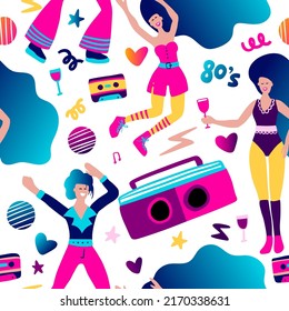 People disco party seamless vector girl and boy pattern. 80s flat woman and man background