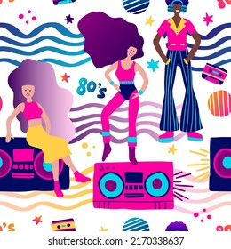 Fiesta de la discoteca de la gente sin costura de vectores de niñas y niños patrón. Antecedentes planos de hombres y mujeres de los años 80