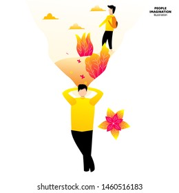 People discovering imagination vector illustration, people creative process vector