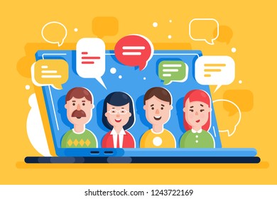 People discuss and comment in online social networks, internet on laptop. Concept web communication, man and woman, male and female. Vector illustration.