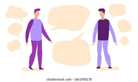 People discuss social network, news, social networks, chat, dialogue speech bubbles. Talking men with bubbles. Flat vector illustration.