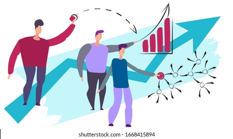 People discuss at start up idea. Team of men think prepare motivation a business project how rise to goal success. Career progression, growth, development. Flat vector illustration.