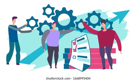 La gente discute una idea al principio. El equipo de hombres piensa que preparar la motivación un proyecto de negocio cómo alcanzar el éxito objetivo. Progreso profesional, crecimiento, desarrollo. Ilustración vectorial de flujos de trabajo planos.