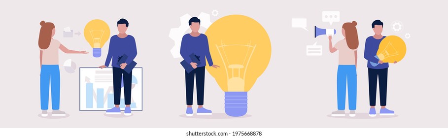 People discuss, suggest, invent with new ideas. Idea brainstorming concept. Vector illustration in a flat style.