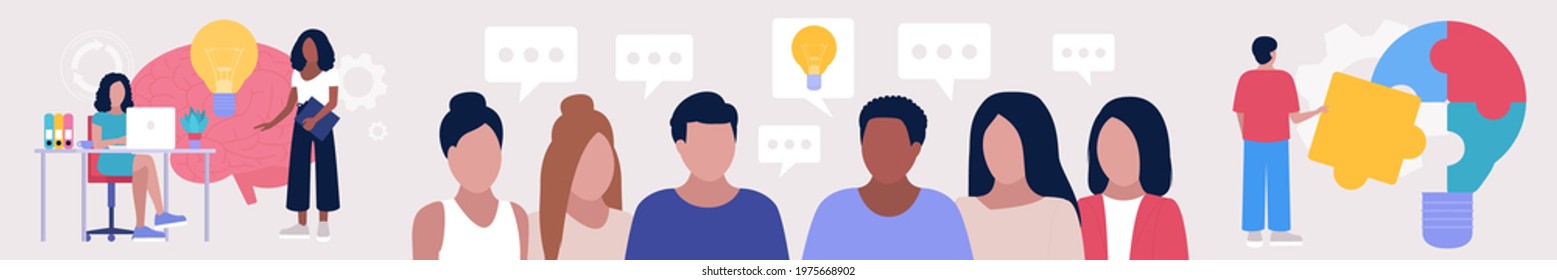 People discuss, suggest, invent with new ideas. Idea brainstorming concept.  Problem solving concept. Puzzle solution. Vector illustration in a flat style.