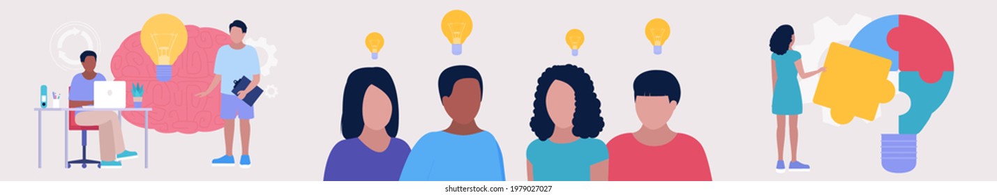 People discuss, suggest, invent with new ideas. Idea brainstorming concept.  Problem solving concept. Puzzle solution. Vector illustration in a flat style.
