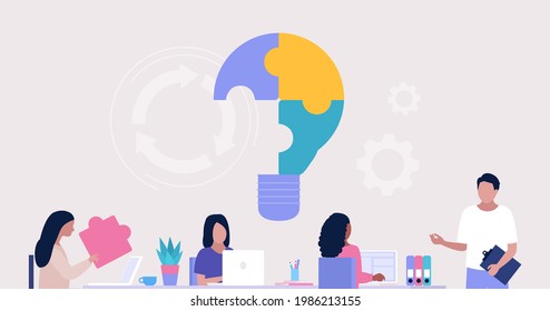 People discuss, suggest, invent with new ideas. Idea brainstorming concept.  Problem solving concept. Puzzle solution. Vector illustration in a flat style