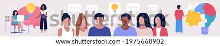People discuss, suggest, invent with new ideas. Idea brainstorming concept.  Problem solving concept. Puzzle solution. Vector illustration in a flat style.