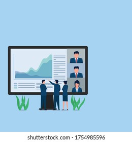 People discuss through internet about company progress metaphor of online meeting. Business flat vector concept illustration.