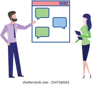 La gente discute la aplicación para chatear y enviar por correo. Programa, red social para la comunicación en línea vía Internet. Trabajo en equipo con tecnología digital, aplicación móvil. Colegas crean diseño de mensajería