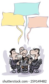 People discussing  around a table.