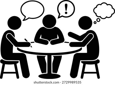 Pessoas discutindo ao redor da mesa com bolhas de pensamento